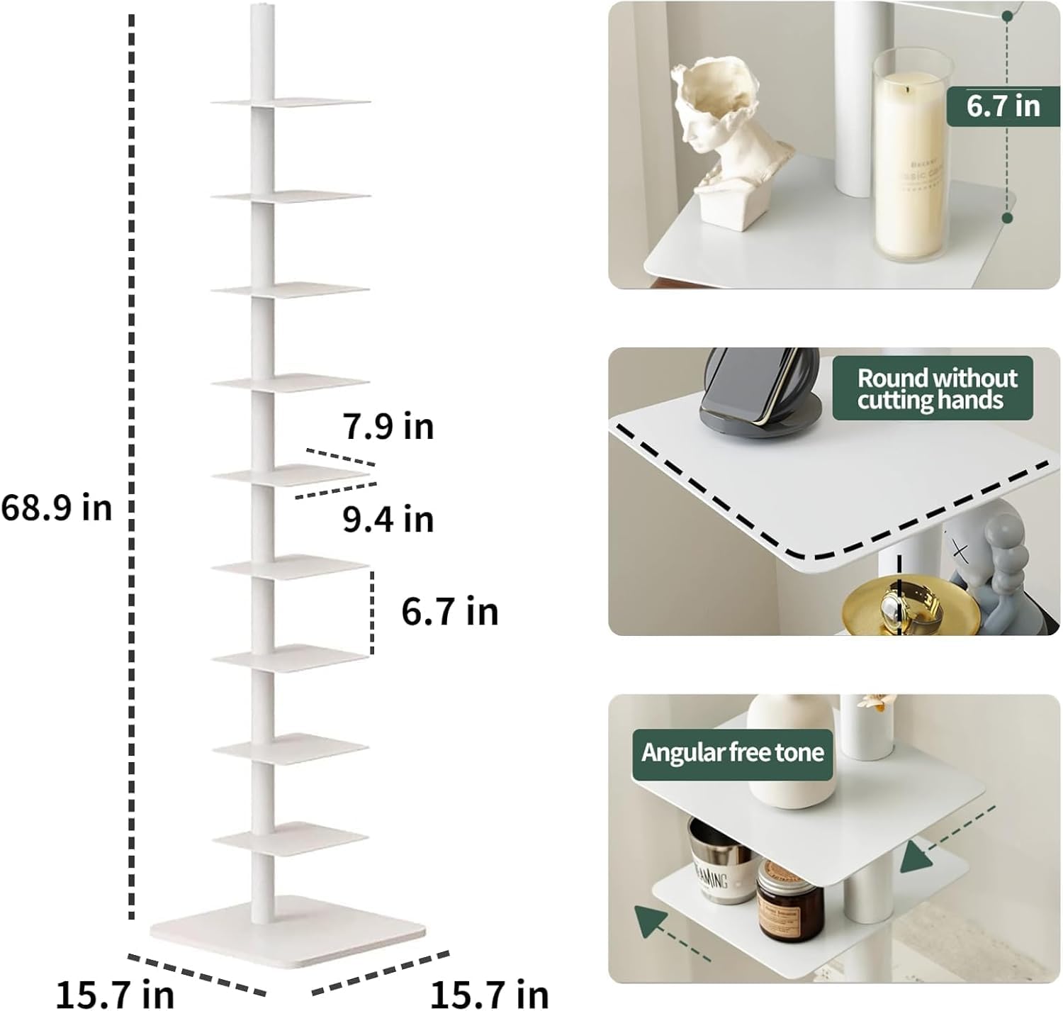 Estantería flotante invisible de metal de 9 niveles, torre vertical giratoria de 3 lados, estantería de esquina estrecha que ahorra espacio para el hogar, oficina, dormitorio, espacios pequeños