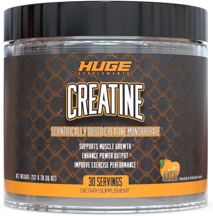 Huge SupplementsCreatine Monohydrate Powder, 5000mg of Pure Creatine, Clinically Dosed to Boost Performance, Increase Muscle Strength and Size, 30 Servings (Orange)