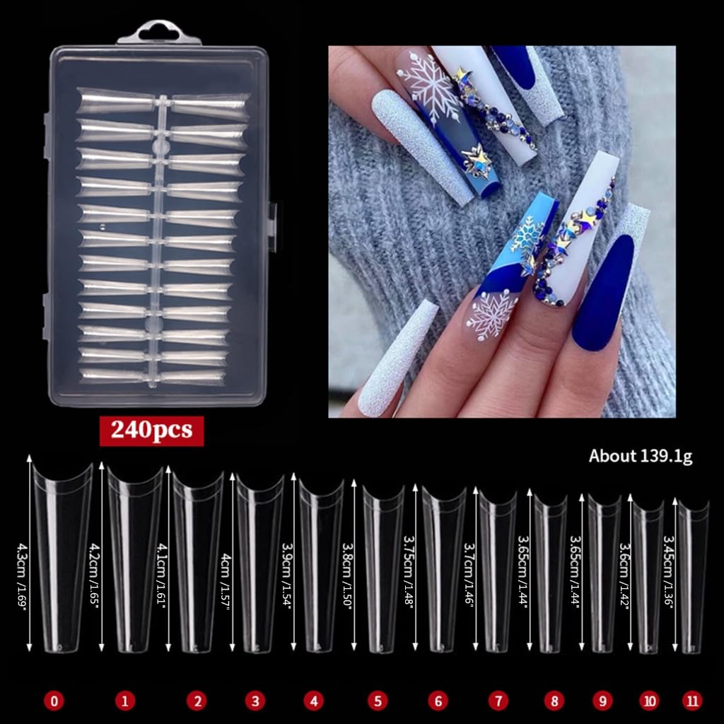 240 Pcs/Set Full Cover-Nails Tips Extra-Long Clear Nails Tips Art Tips Artifical Fingernails for Women