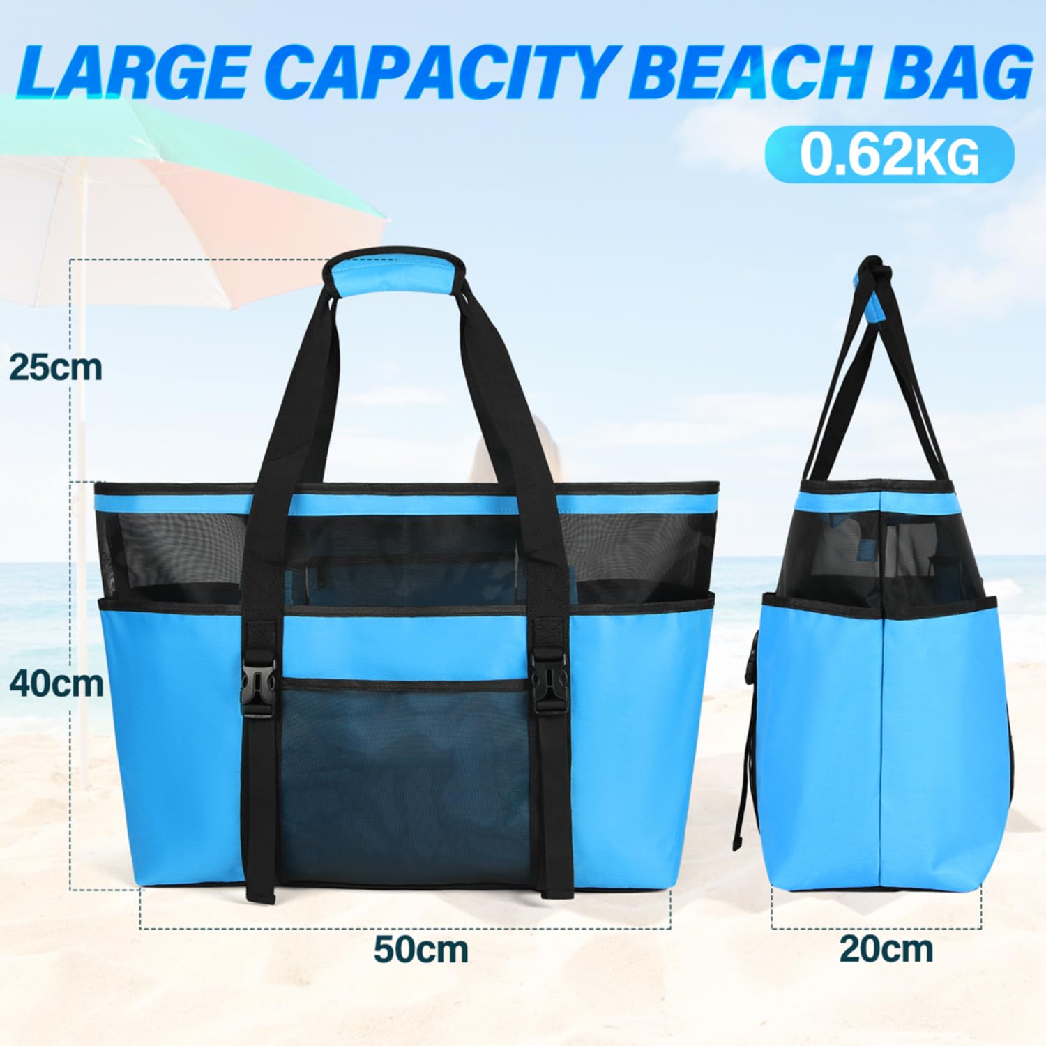 RAINSMORE Grand Sac de Plage Femme XXL en Maille avec Fermeture Éclair Tout de Plage Pliable Anti-Sable Imperméable Sac Cabas Plusieurs Poches de Rangement pour Plage Voyages Gym Piscine Bleu