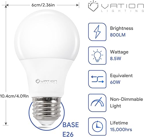 Miniatura 2 de Paquete de 24 bombillas LED A19 de luz diurna de 5000 K, equivalente a 60 W, 8.5 vatios eficientes, 800 lúmenes, base media E26, no regulable,