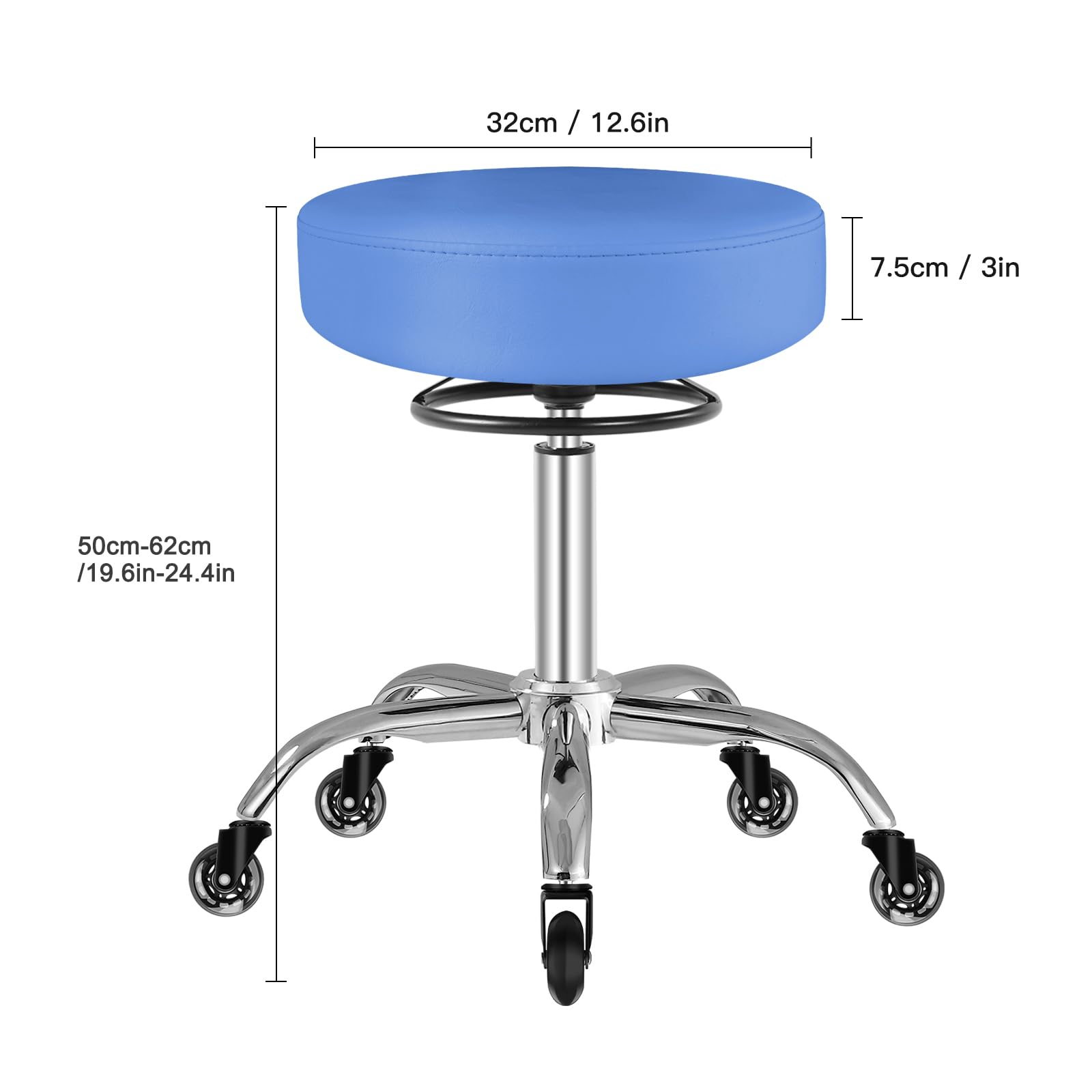 Tabouret sur roulettes réglable en hauteur 50-62 cm 180 kg pivotant 360° cuir bleu