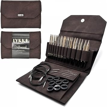 Lykke Interchangeable Knitting Needles, 5" Inch Driftwood Wooden Needles, Knitting Needles Set - Cacao Denim Effect