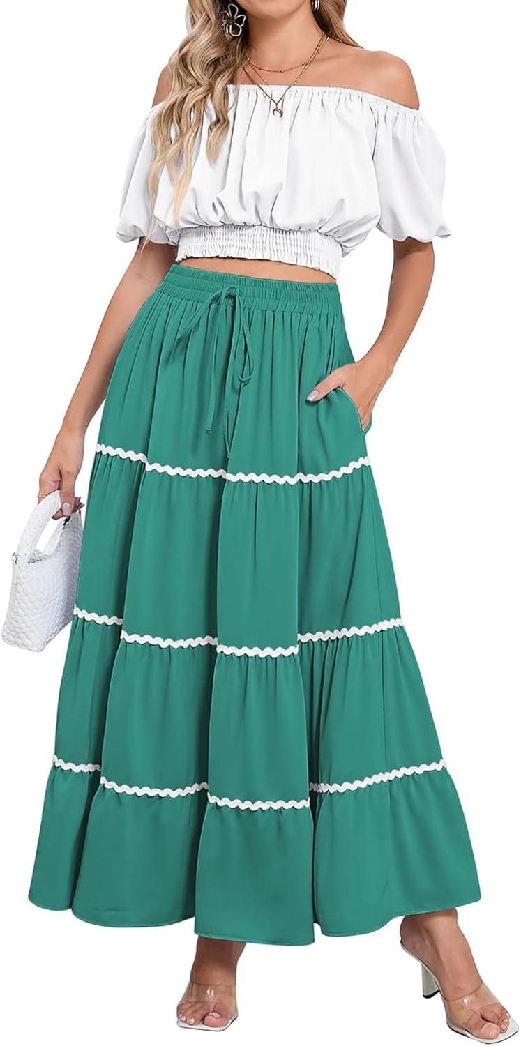 HUUSA 2026 Summer 2 Piece Boho Outfits for Women Short Sleeve Off Shoulder Crop Top and High Waist Flowy Long Skirt Set - Image 9