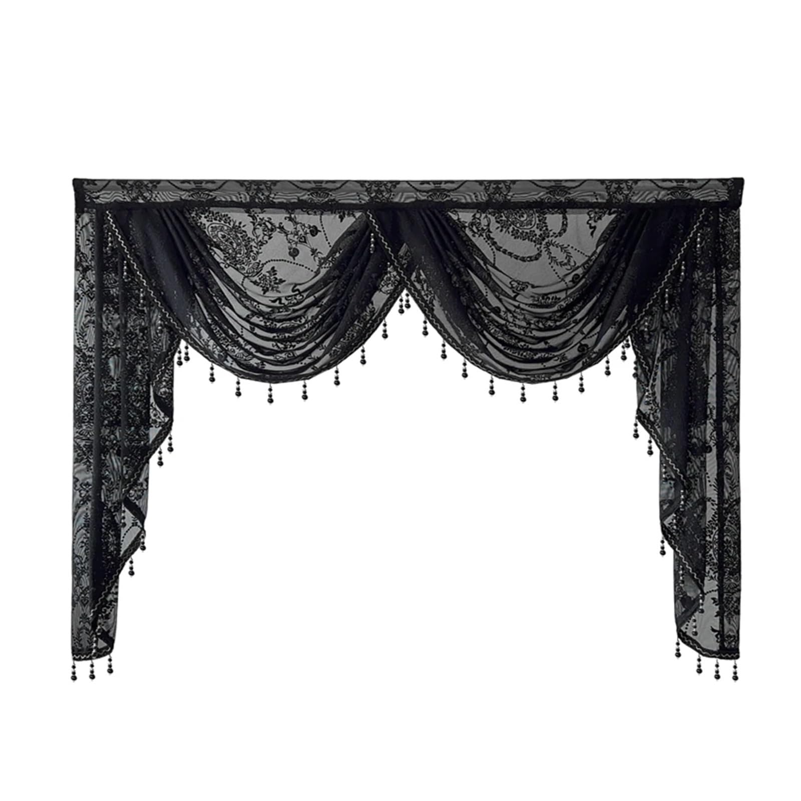 MFESFCS Swags For Windows Black Lace Sheer Flower Valance Curtain Beaded Wavy Waterfall Scallop For Living Room Rod Pocket Top Window Drape(1PC W150cm-2swags)