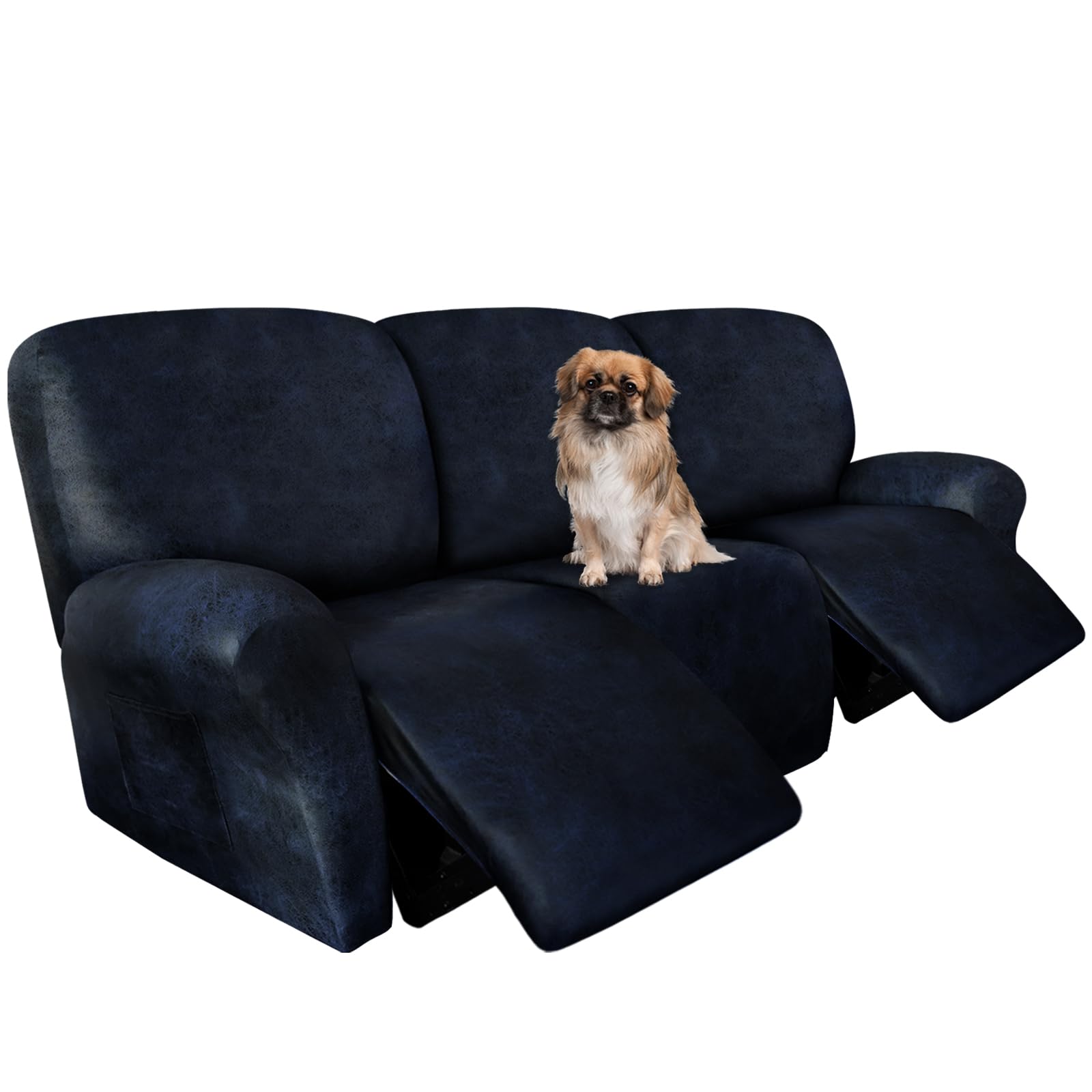 ANARACHON Recliner Couch Cover Leather Look Recliner Sofa Covers for 3 Cushion Reclining Sofa Slipcovers 8-Pieces Furniture Protector Spandex Fabric Washable (3 Seater, 02 Navy)