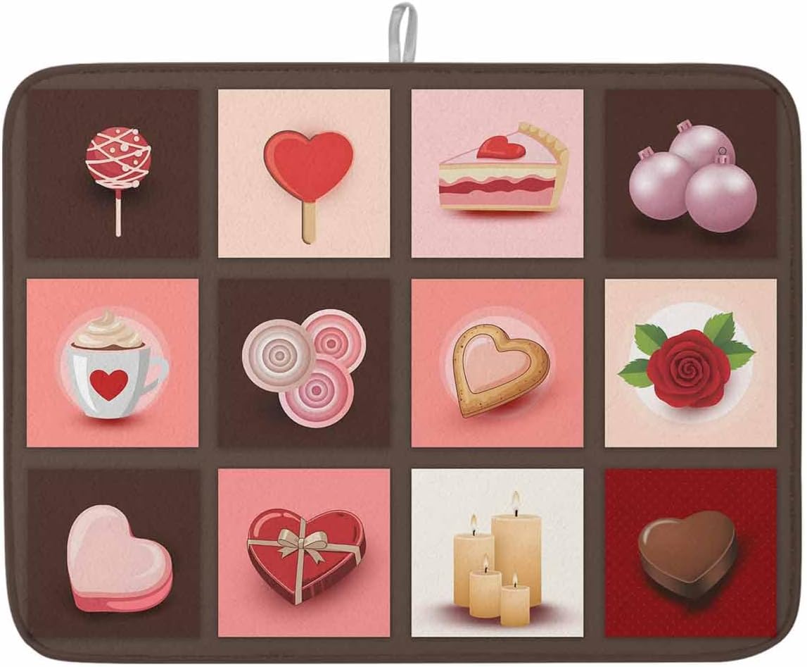 Absorbent Dish Drying Mat for Kitchen Counter Valentine's Day Love Heart Chocolate Cake Microfiber Dish Drying Pad, Sweet Dessert Plaid Art Dish Drainer Mat Rack for Utensils, 18x24in, 1Pack