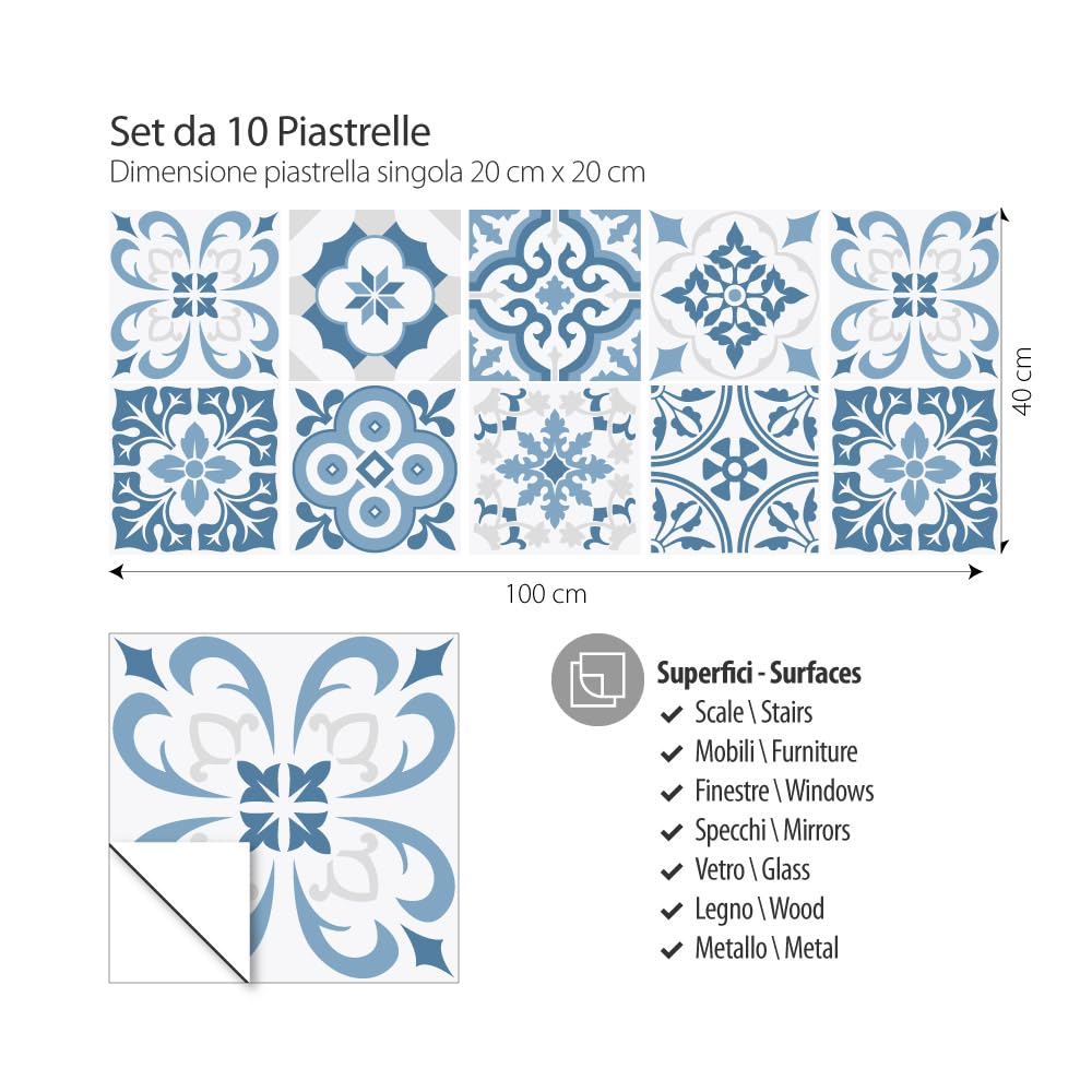 RE-COVERTILES - Adesivi per Piastrelle Bagno e Cucina 10 Pz 20x20 cm - PS00104 Decorazione murale in PVC Impermeabile mattonelle Mosaico Stile cementine Azulejos