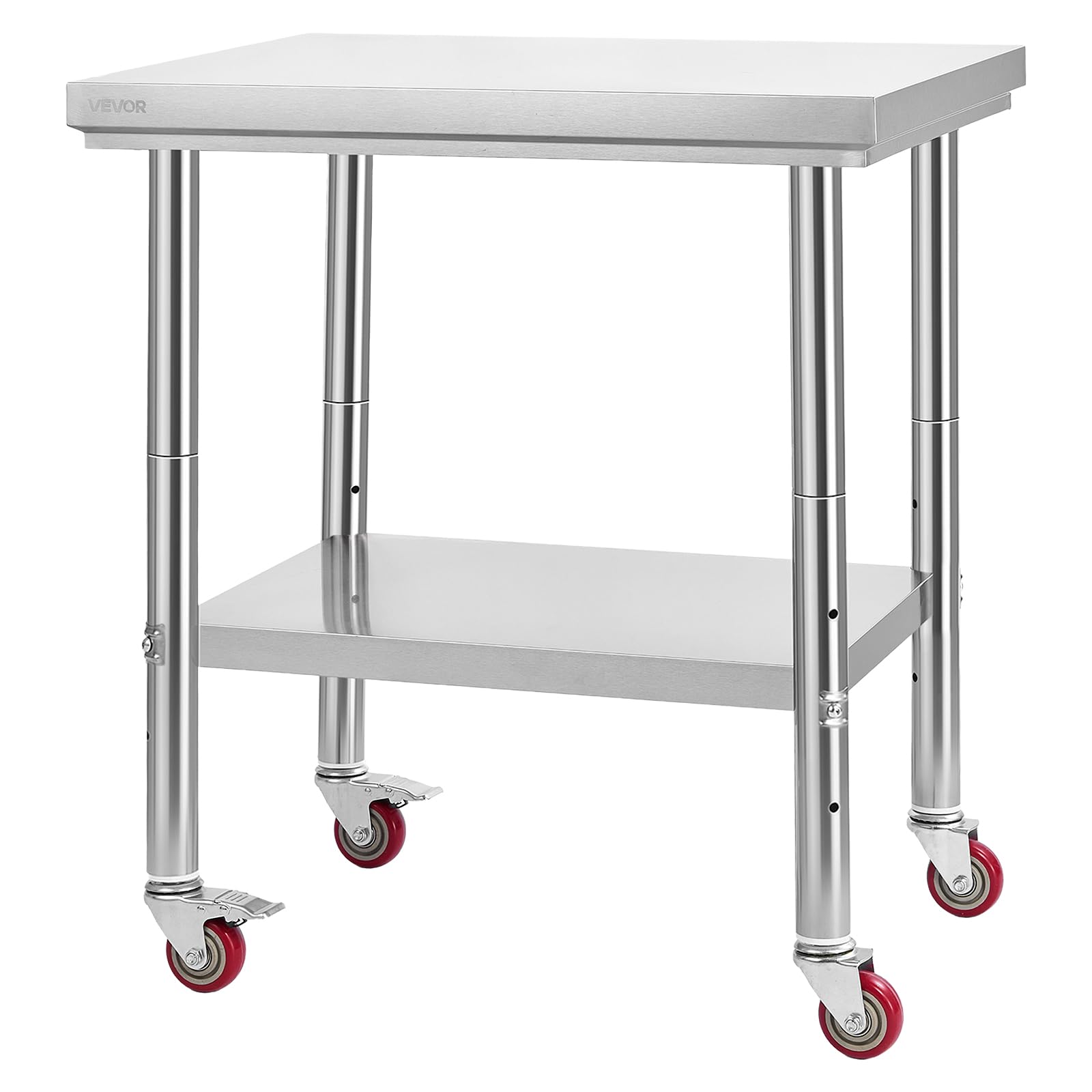 VEVOR Mesa de Trabajo de Acero Inoxidable, Mesa de Preparación con 4 Ruedas, Estantería de Trabajo de Preparación de Alimentos con Estantes Ajustables para Cocina, Garaje, Taller, 76 x 60 x 85 cm