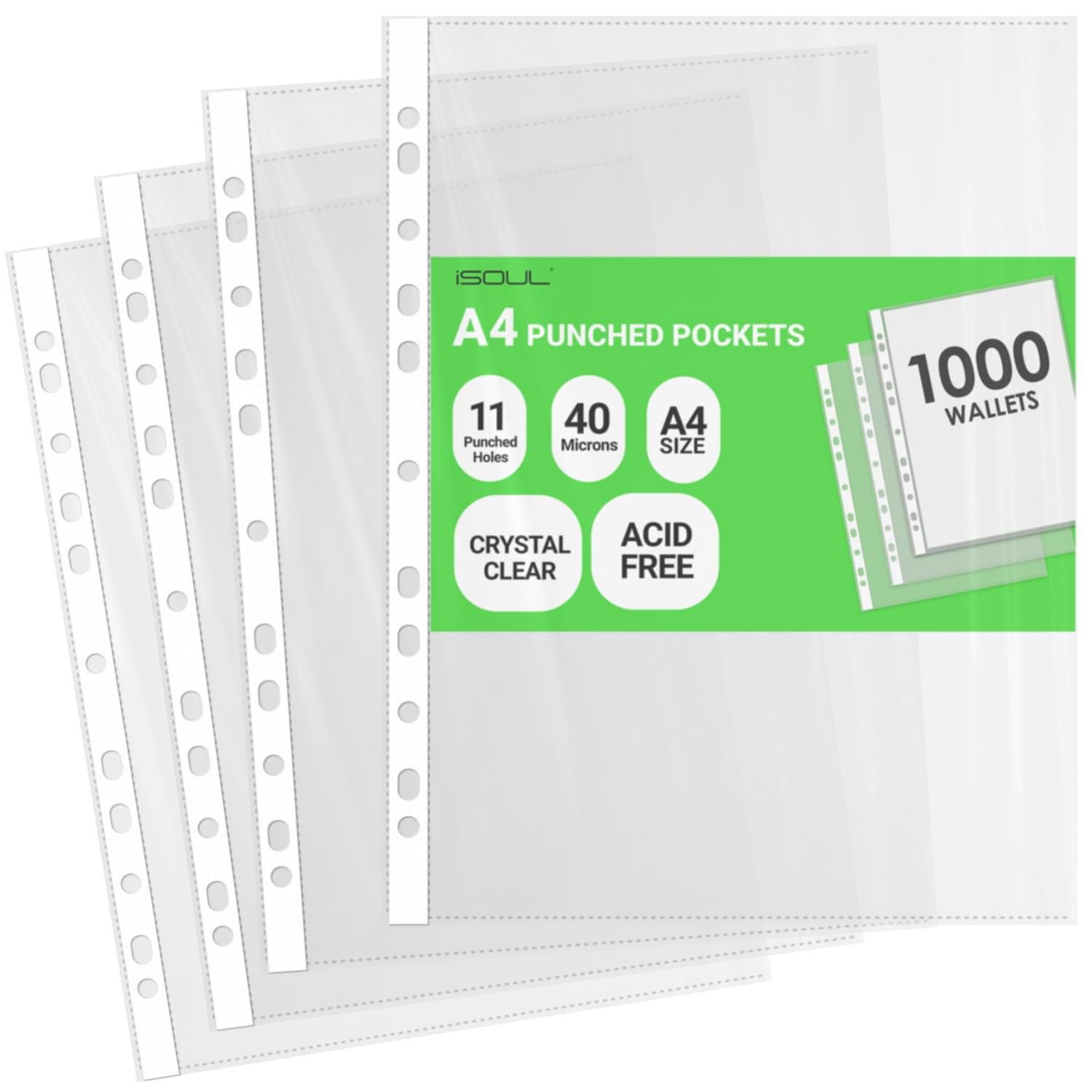iSOUL A4 Plastic Value Punched Punch Pockets, 11 Hole Heavy Duty File Binder Pockets, 40 Micron Punched Pockets for Documents Folders Filling Plastic Wallets 1000 Sleeves