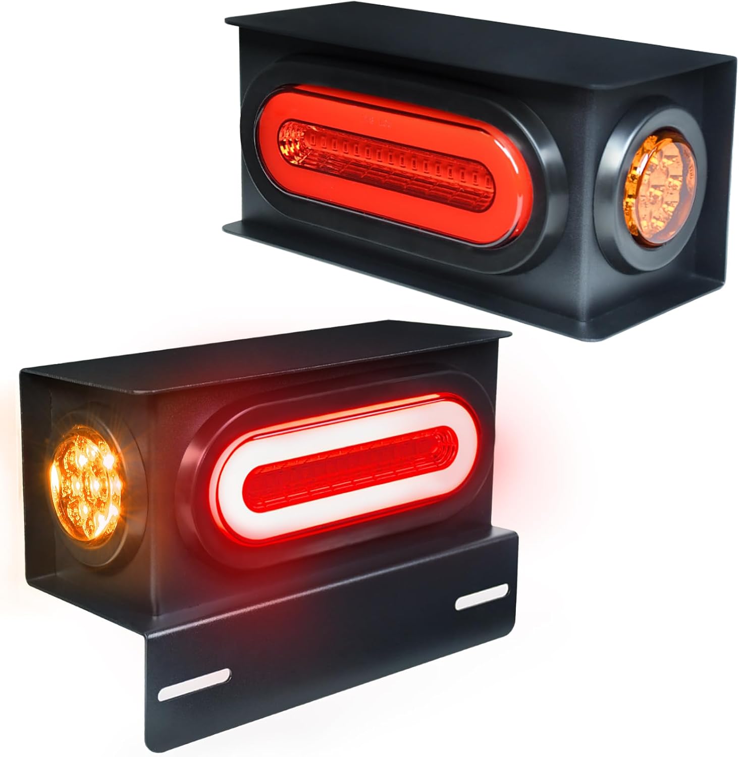 2Pcs Trailer Halo Lights Steel Box Housing w/6 inch Oval 52 LEDs Stop Turn Tail Lights & 2 inch 9 LEDs Side Marker light w/License bracket submersible waterproof IP67,DC 12V(6" Red LED+2" Red LED)
