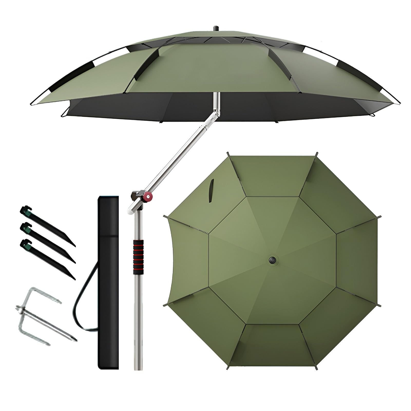 2 Daszkami Parasol Wędkarski z Wentylacją, 220 cm Przenośny Kempingowy Parasol Plażowy Pochylany Składany