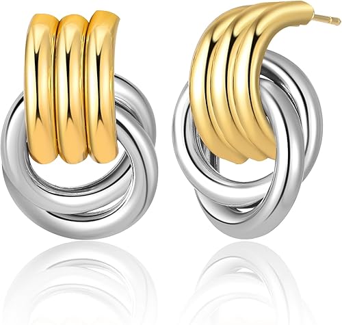 Aretes gruesos de nudo dorado para mujer, aretes de eslabones largos con diseño geométrico de oro y plata