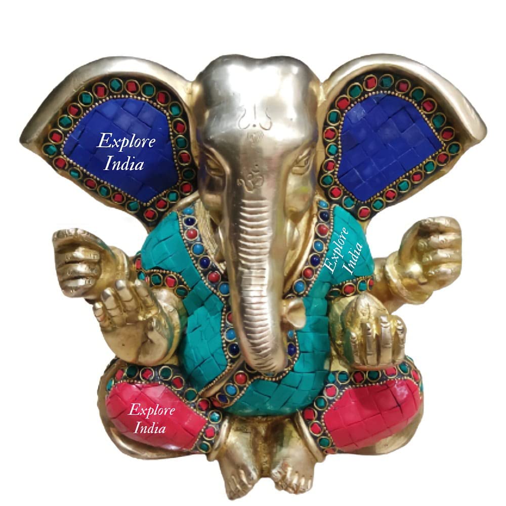Explore India Brass Ganpati Murti | Statue de Ganesh aux grandes oreilles | Sculpture Ganesh | Travail de pierre Murti Ganesh | Cadeau, temple, décoration de la maison/L x l x H – 13 x 21 x