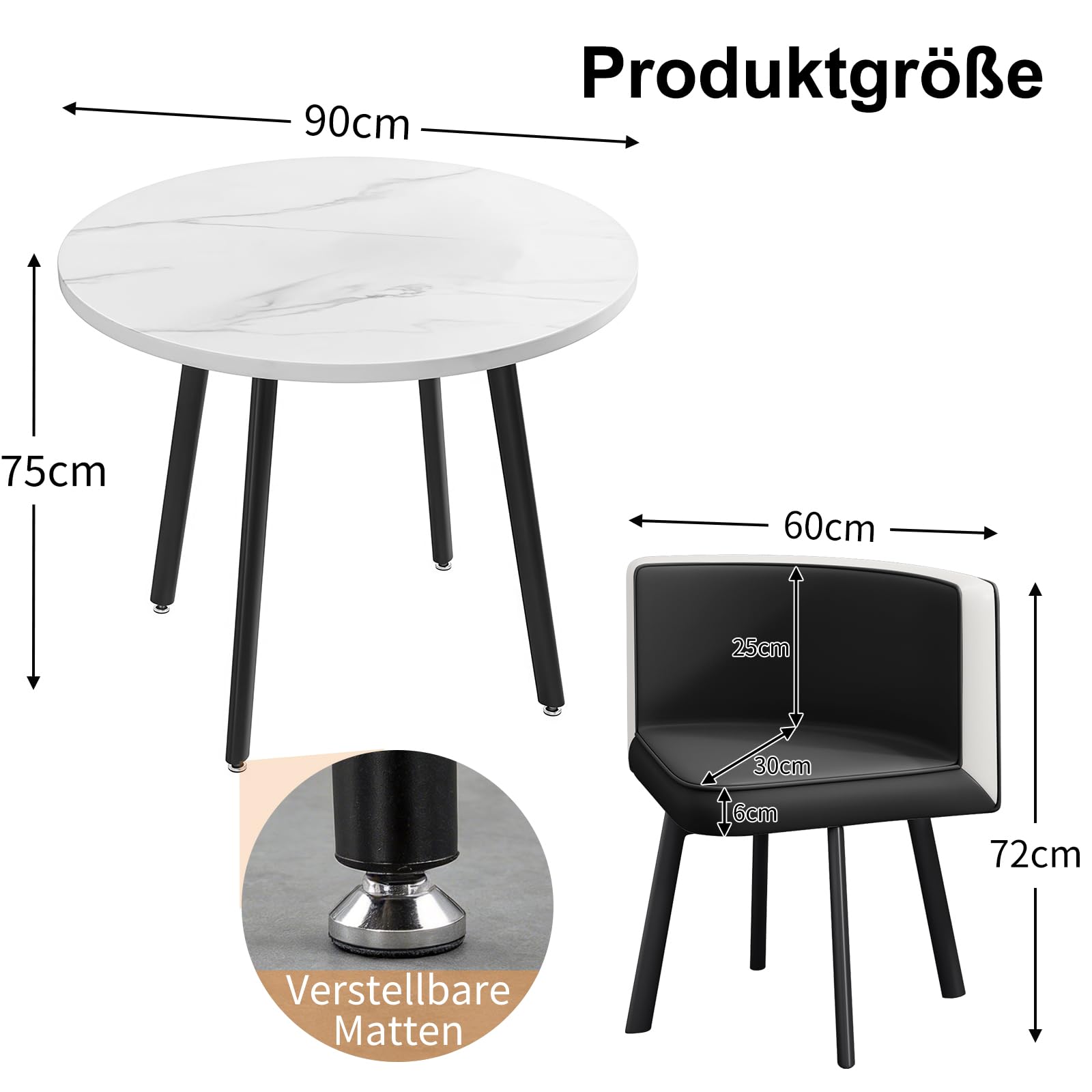 Runder Esstisch und Stühle für 4 Personen, MDF-Esstisch mit PU-Leder Gepolsterten Stühlen, Küchetisch Set Sitzgruppe für Küche für Küche, Wohnzimmer, Balkon, Restaurant, Büro (Rund Schwarz-Weiß)