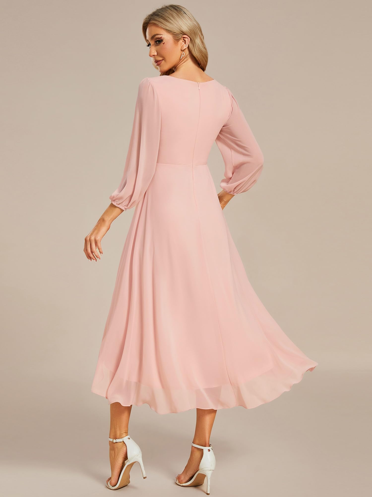 Ever-Pretty Damen Chiffon V-Ausschnitt Langarm Plissee A-Linie Midi Länge Hochzeit Gäste Kleid 01926