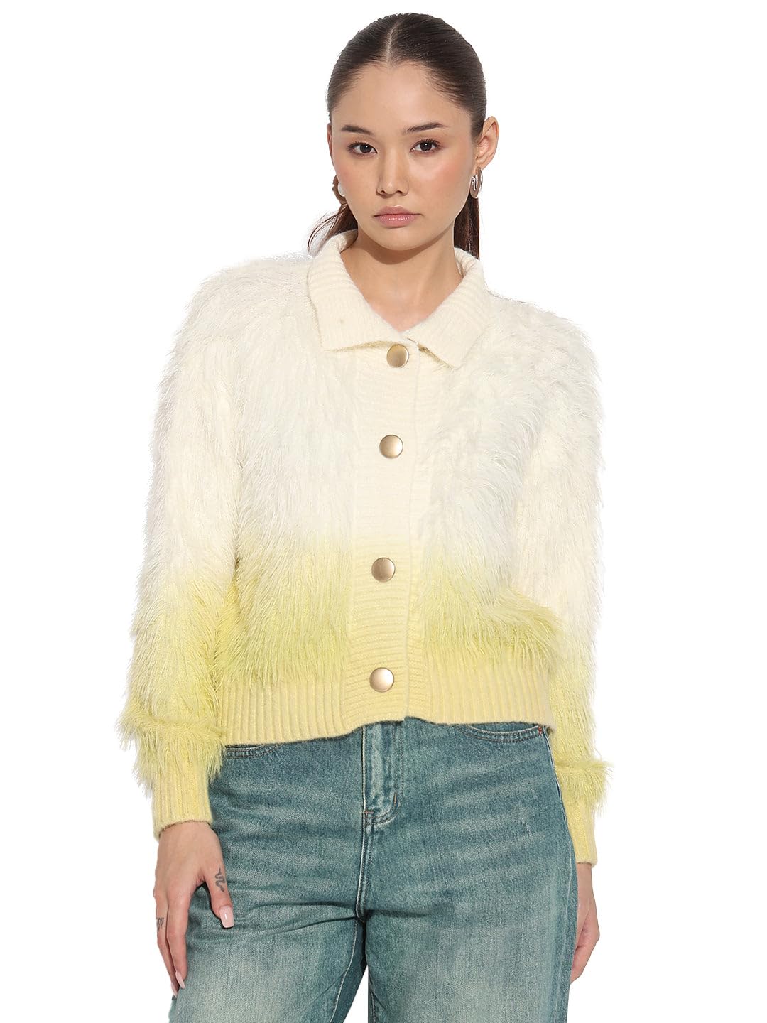 Edition Women's Yellow Shirt Collar Cardigan with Button Detail-CHN-702_Yellow-P-image-24