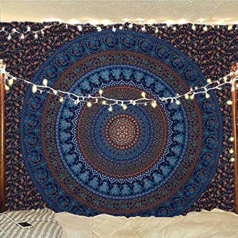 Bless International Indian-hippie-gypsy Bohemian-psychedelic Cotton-mandala Wall-hanging-tapestry-multi-color Large-mandala Hippie-tapestry (Blue Gold, Queen (84x90Inches)(215x230Cms)) Cover