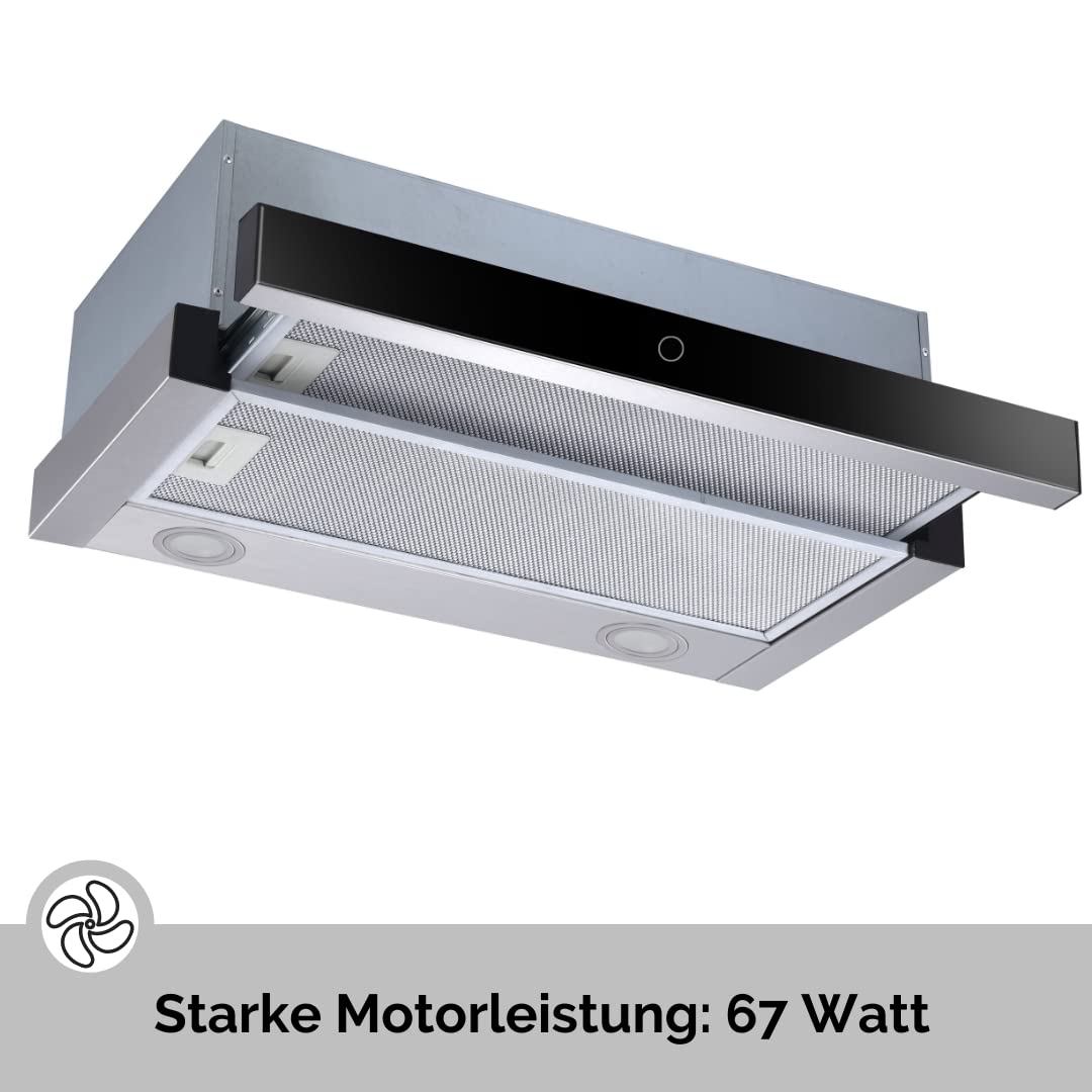 PKM Dunstabzugshaube FS2-60BBGTY | Wandhaube | 60 cm Breite | Glas mit Edelstahl | Touch Control | Abluft | Umluft | Schwarz