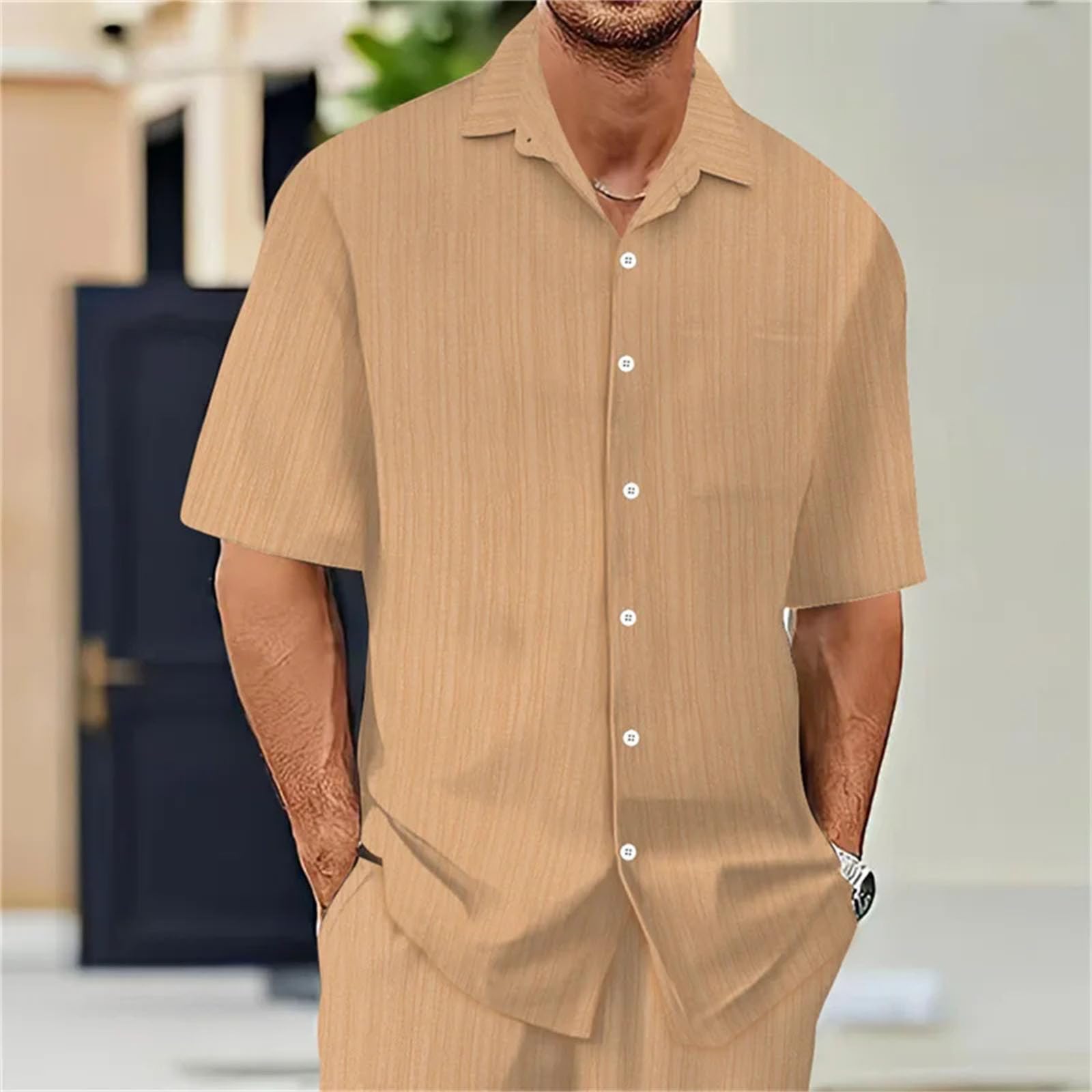 Camisa de manga corta para hombre, ligera, transpirable, color sólido, cuello de vuelta, para uso diario