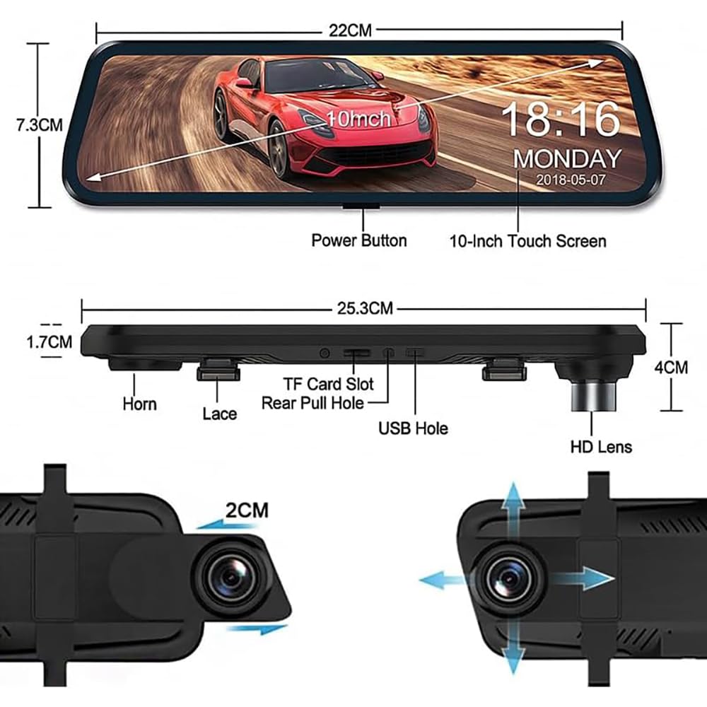 Specchietto Dashcam 10" 2K+1080P per Volkswagen CC 2016-2018 | Specchio Streaming, 2k+1080p, Visione Notturna, Schermo 10" Touch, Registrazione In Loop, 32gb, G-Sensor