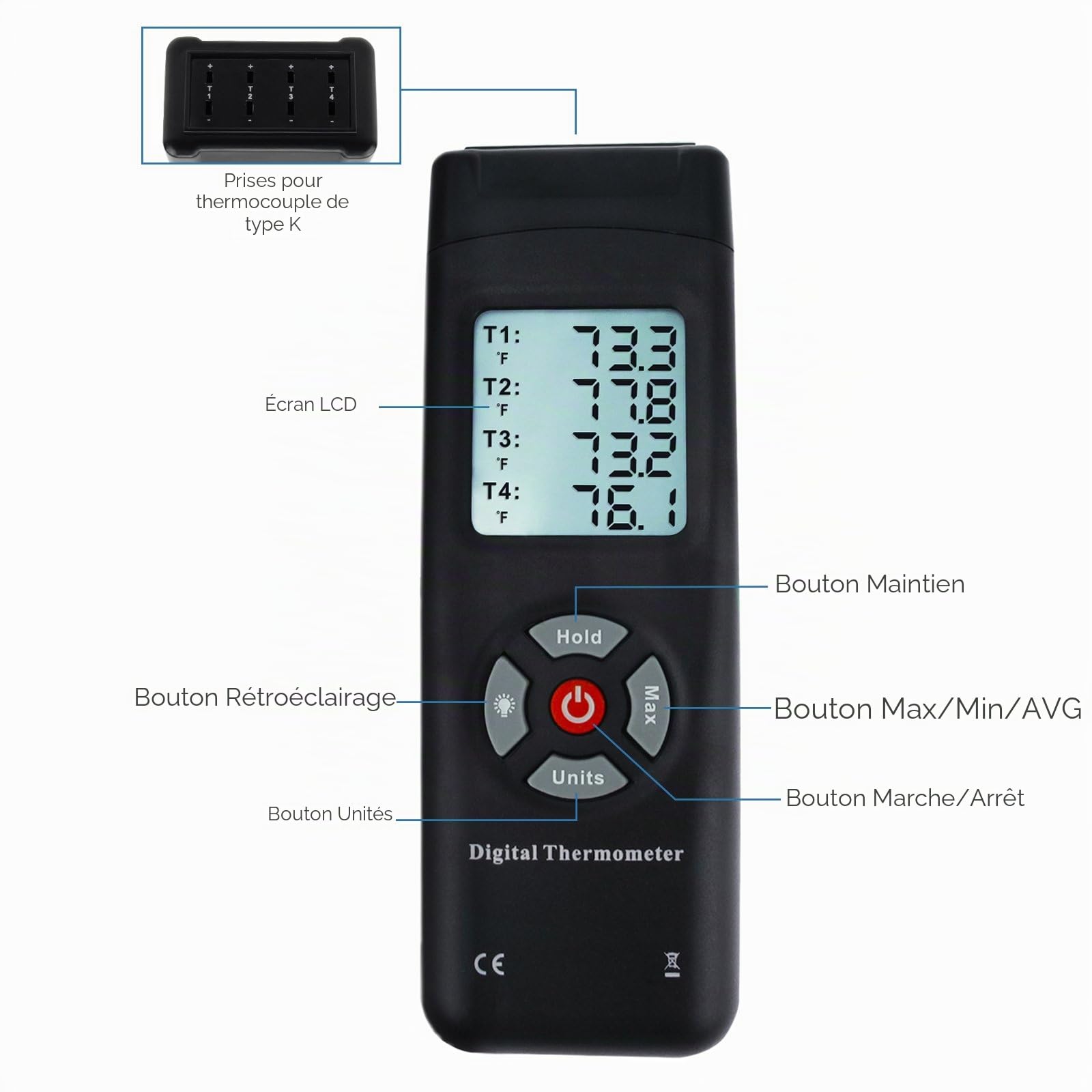 Thermomètre De Type K,Thermomètre Numérique Testeur De Capteur Thermocouple De Type K Avec Thermomètre À 4 Canaux Avec Rétroéclairage LCD