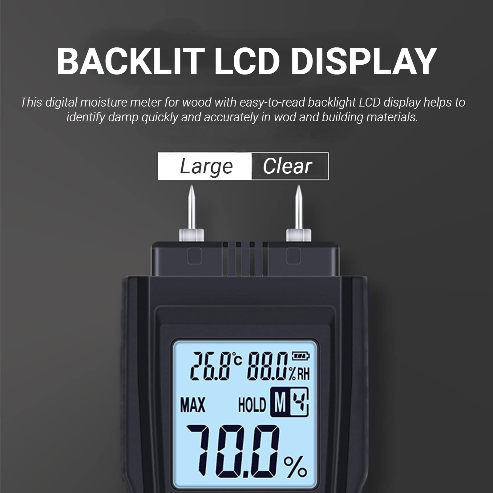 Jectse Medidor digital de humedad de madera, GM620, pantalla LCD ajustable, medidor de humedad para leña, madera, bambú, algodón, papel, detector de humedad de -10-60 ℃