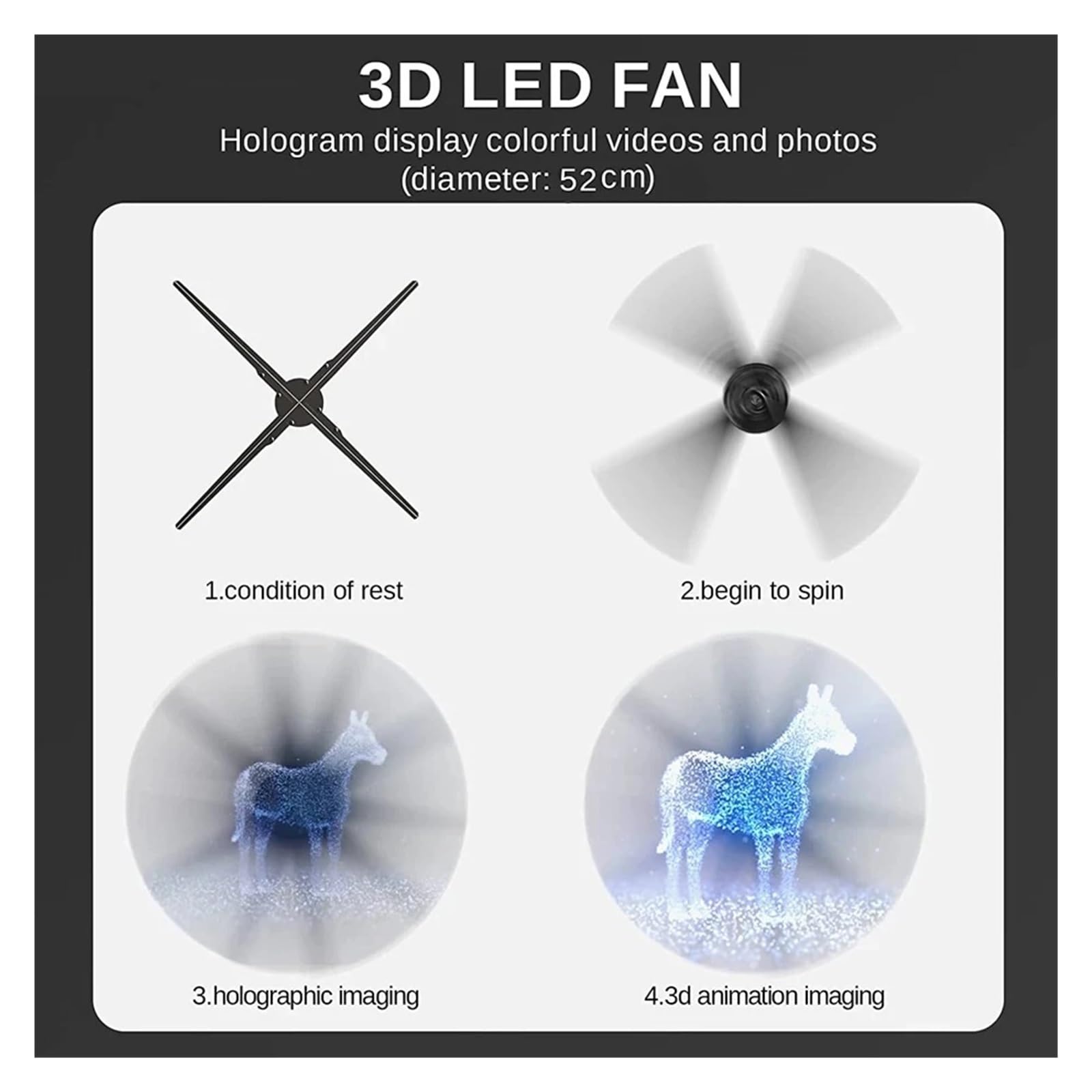 3D-Hologramm-Ventilator, 40CM 224Pcs LED WiFi 3D Or Licht Hologramm Or PC Control Holographische Fan Logo Werbung Remote Player