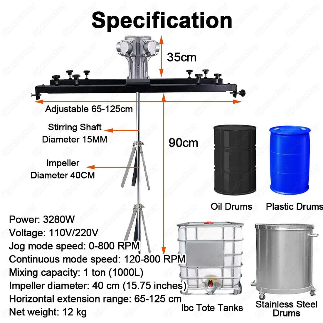 Industrieller elektrischer IBC-Tankmischer mit 3280 W Elektromotor, 40 cm klappbarem Propeller und 65-125 cm verstellbarem Stützständer für stabiles, hocheffizientes Rühren von Farbe und Beschichtung