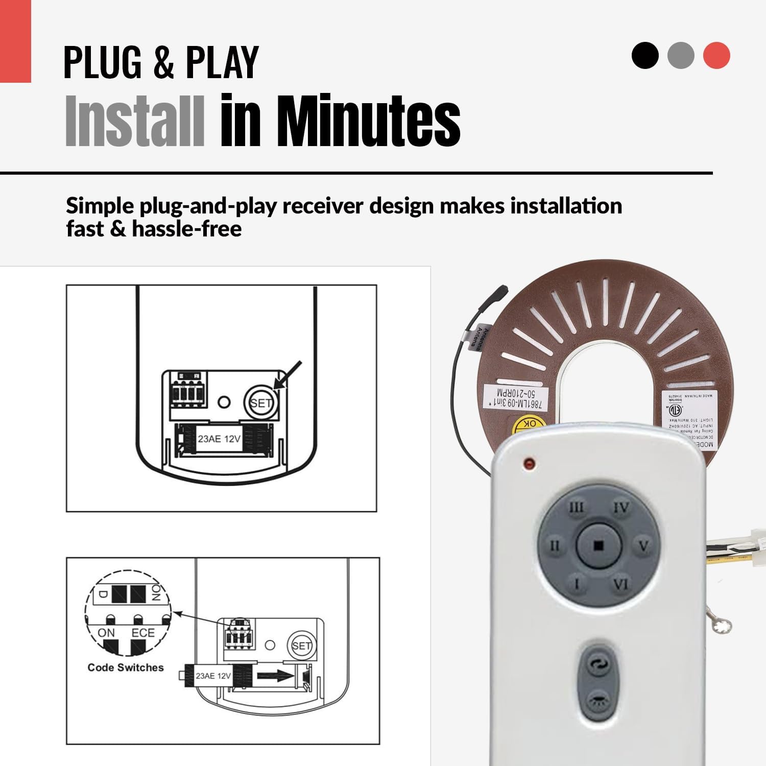 Anderic Ceiling Fan Kit RH786R / RR787T for DC 6-Speed Ceiling Fans fits Casablanca Fanimation Slinger Holliston Panama Stealth Fellini