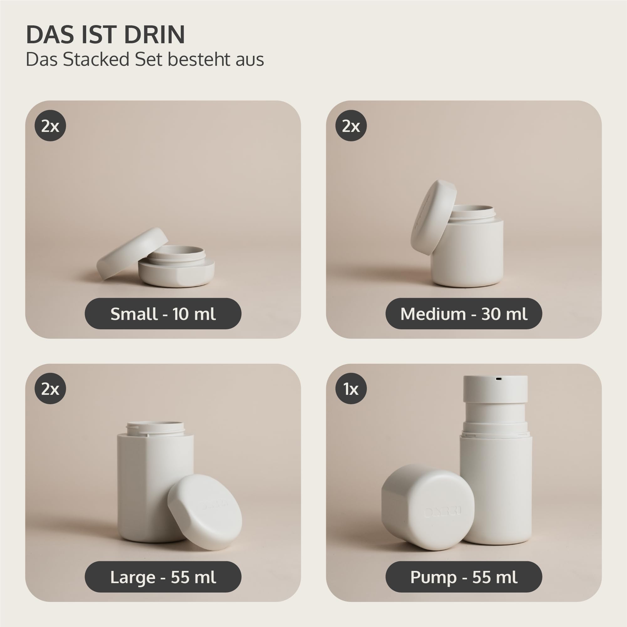 Travelpods 7 Auslaufsichere Kosmetik Reise Behälter Magnet Behälter Spülmaschinenfest Hartschalen Reisespender BPA-Frei Reiseflaschen 55ml 30ml 10ml Sandstone