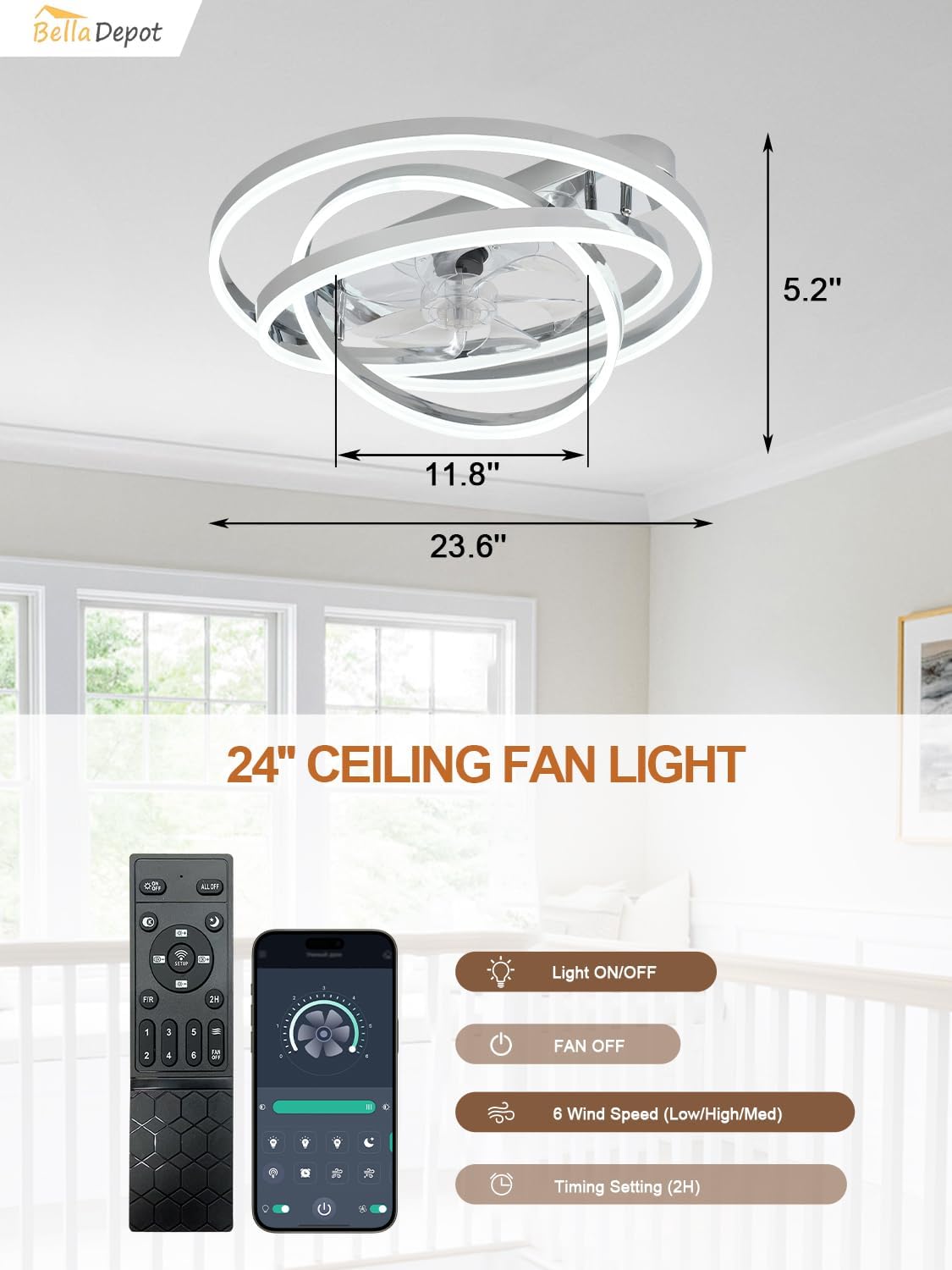 Remote control and smartphone app interface for Bella Depot ceiling fan