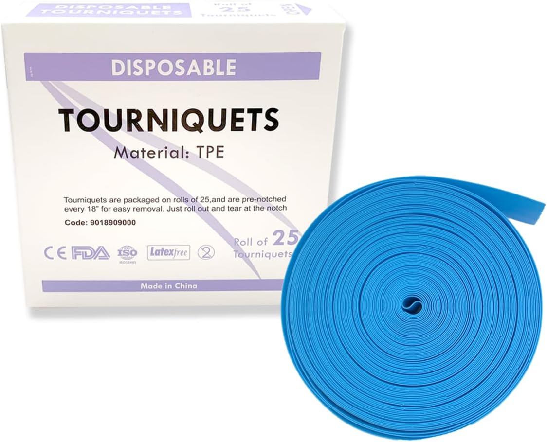 Tourniquet Disposable, Latex Free, TPE, 18 Inch Long, Roll of 25 pcs, Blue (25 Count (Pack of 1))
