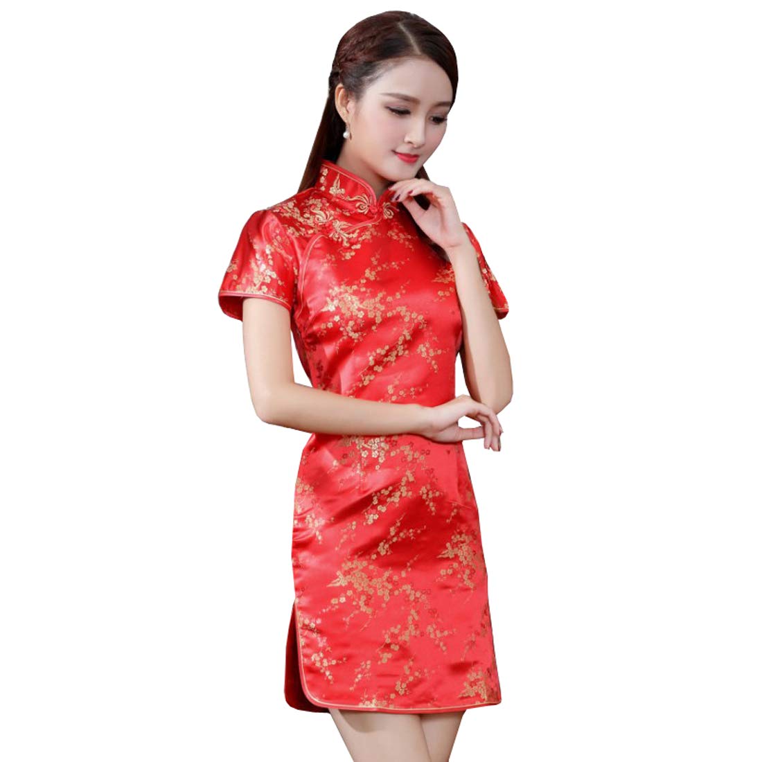 XueXian Women's Floral Flower Satin Brocade Qipao Cheongsam Short Sleeve Chinese Dresses Thigh Length (4, Red)