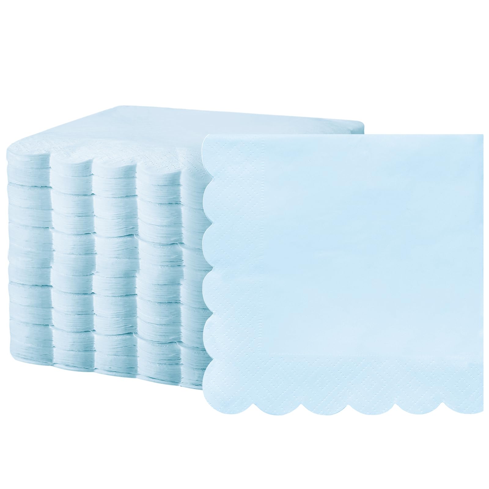 200 Pcs Scalloped Cocktail Napkins Thick Paper Napkins Disposable Party Napkins Beverage Napkins for Wedding Dinner Birthday Supplies, 5 x 5 Inch (Light Blue)