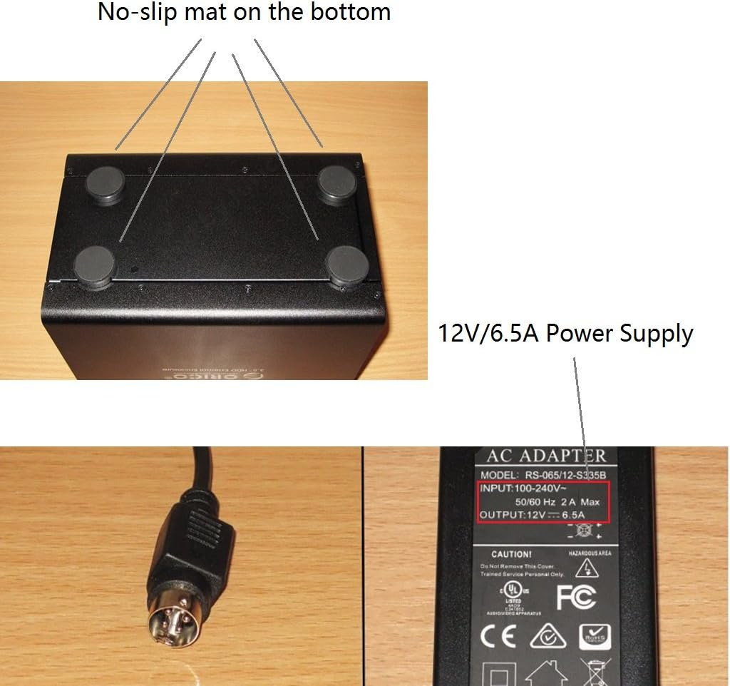 12V/6.5A Power Adapter and non-slip mat on the bottom of the enclosure