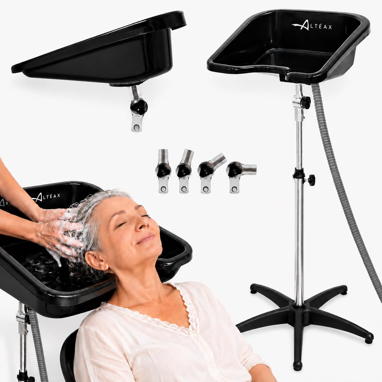 Altéax Black Portable Square Hairdressing Wash Basin With Universal Shower Head - Ergonomic Design Used As A Headwash Basin For Disabled (Wash Basin)