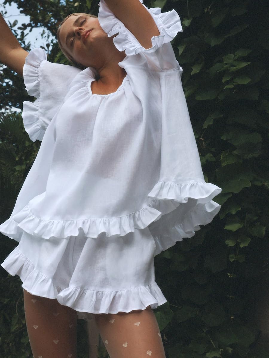 Womens 2 Piece Short Set Fashion Summer Short Sleeve Ruffle Trim Top and Shorts Cotton Pajama Sets - Image 4