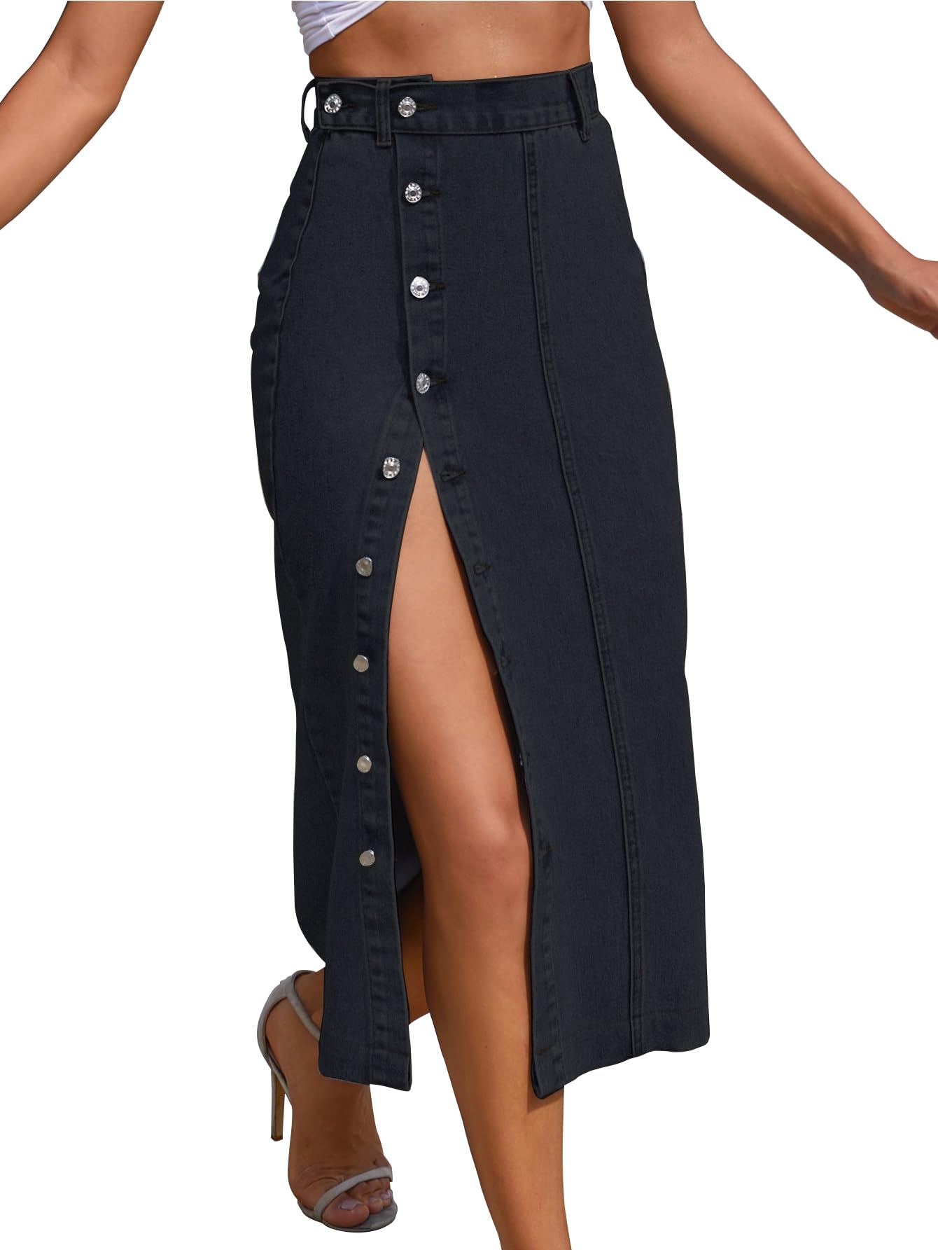 shasmi Girl's & Women's Front Button-Up Slit Longline Single Breasted Long Casual Denim Skirt Suitable for Daily WearSkirt 233-picture-2