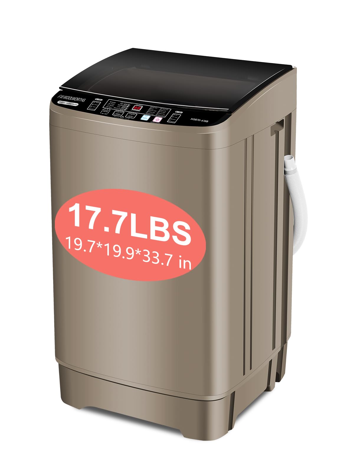 F.W.WOOLWORTHS 17.7 lbs Washing Machine with Drain Pump, Full Automatic Washer with 10 Wash Programs 8 Water Levels for Home, Apartment, RVs, Dorm, Glod