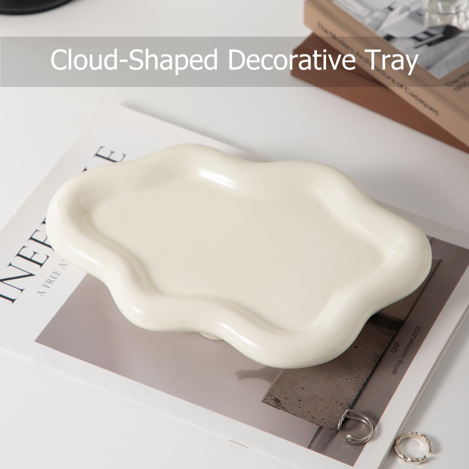 ceramic jewelry tray trinket dish with 4 legs, cute cloud decorative vanity key tray for women, ring holder dish earrings necklace organizer, home room bedroom decor aesthetic