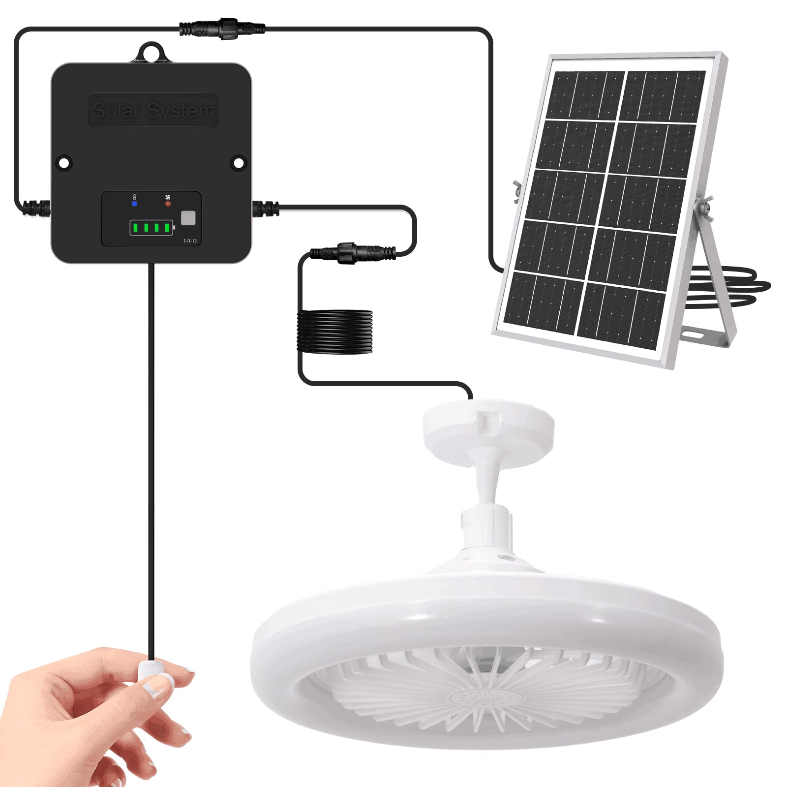 ZASUN Solar Ceiling Fan with Light, 26 cm, Solar Powered Fan for Shed, 3 in 1 Pull Cord, 6500K Day & Night Use, Power & Mode Indicator, IP65 Waterproof, Indoor Outdoor for Gazebo Patio Camping