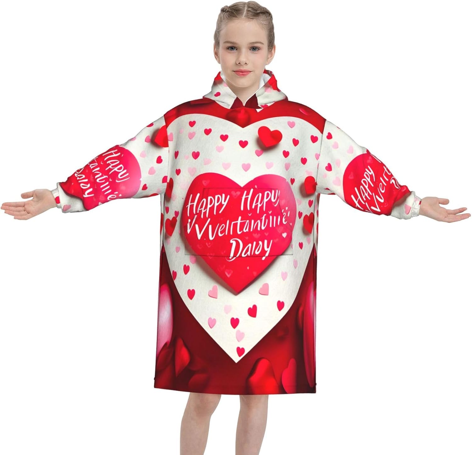 Happy Valentine'S Day Print Oversized Blanket Hoodie, Wearable Blanket Hooded,Hooded Pullover With Pocket