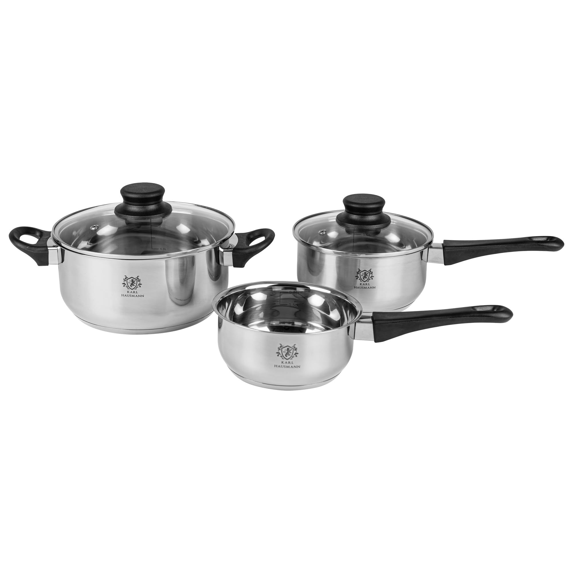 KARL HAUSMANN Juego de Ollas Acero Inoxidable - 3 Piezas - Bateria de Cocina de Acero Inoxidable con Tapas de Vidrio - Apta para induccion, Gas y Vitrocerámica - Set Ollasa