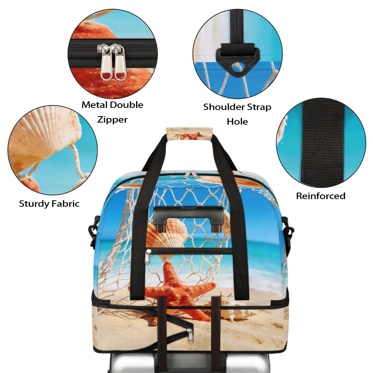 Borsone da viaggio pieghevole estivo da spiaggia, conchiglia, stella marina, borsa da palestra espandibile con scomparto per scarpe, borsa da weekend di grande capacità, borsa da portare a mano per
