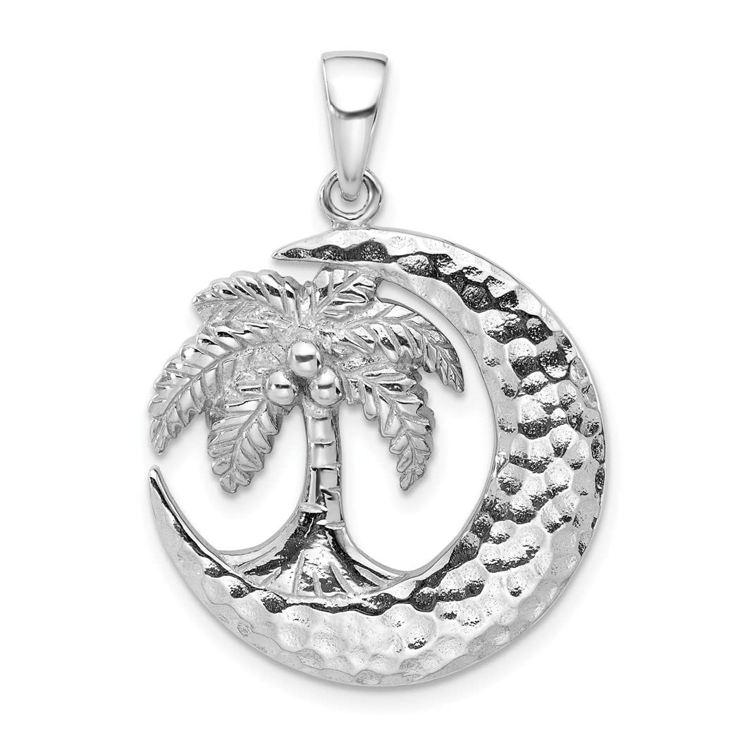 925 Sterling Silver Rhodium Plated Polished Palm Tree With Crescent Celestial Moon Pendant Necklace Measures 35x25.25mm Wide 3.7mm Thick Jewelry for Women