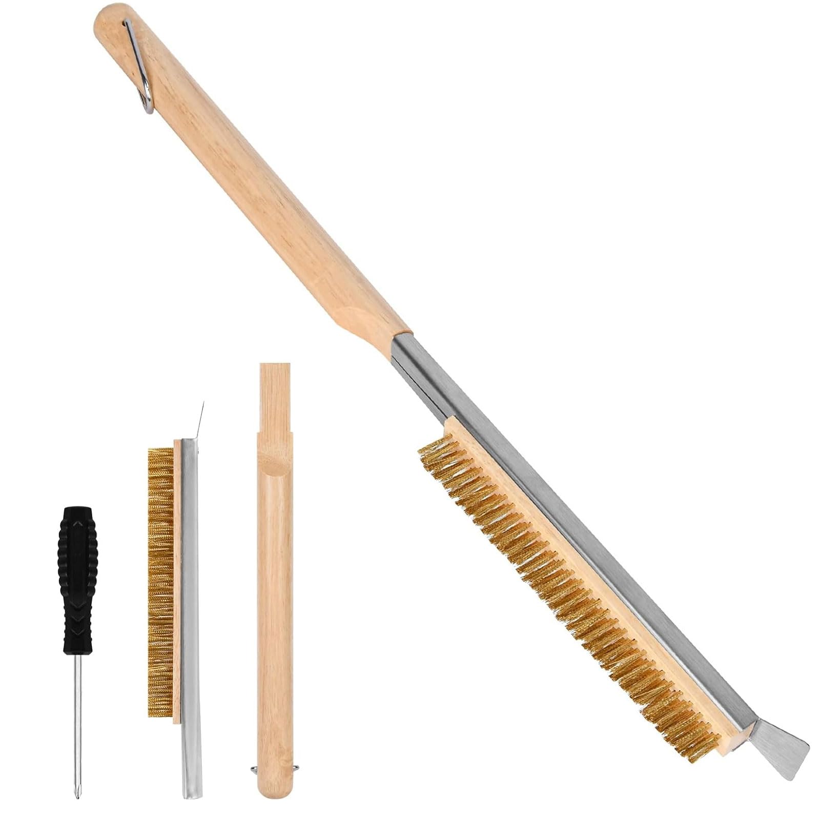22" Pizza Oven Brush with Scraper, Brass Bristles, Heat Resistant - for Pizza Stone, BBQ Grill Cleaning Brush Non Scratch Heat Proof Brass Bristles with Screwdriver, Outdoor Pizza Oven Accessories