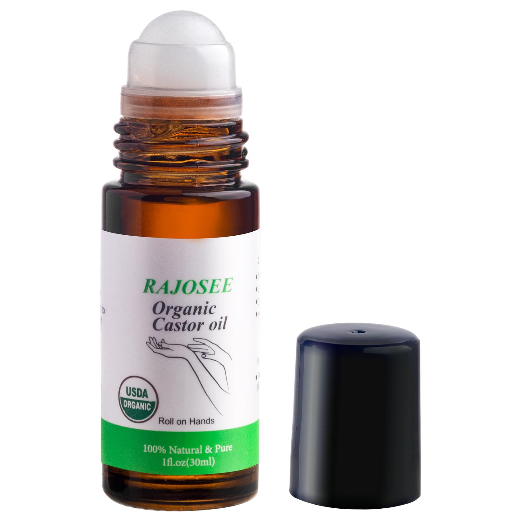 RAJOSEE Castor Oil Roll on in Glass Bottle, Certified Organic Castor Oil Roller for Body Hair Skin Lip Eyebrow Pure Organic Cold Pressed Essential Oil