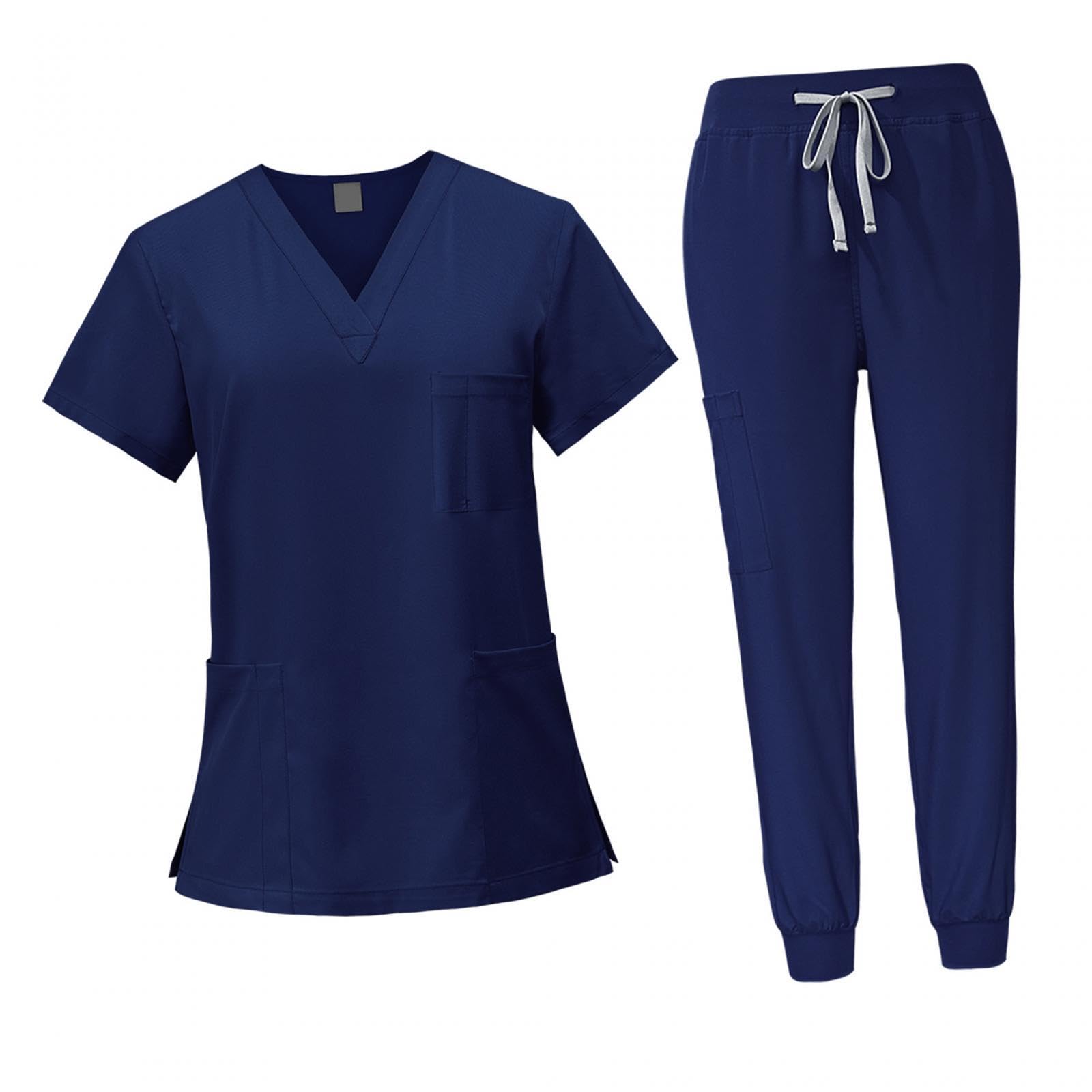 Female Scrub Set Nurse Workwear V Neckline Professional Machine Washable Top and Joggers Pant Work Clothing for Beauty Center