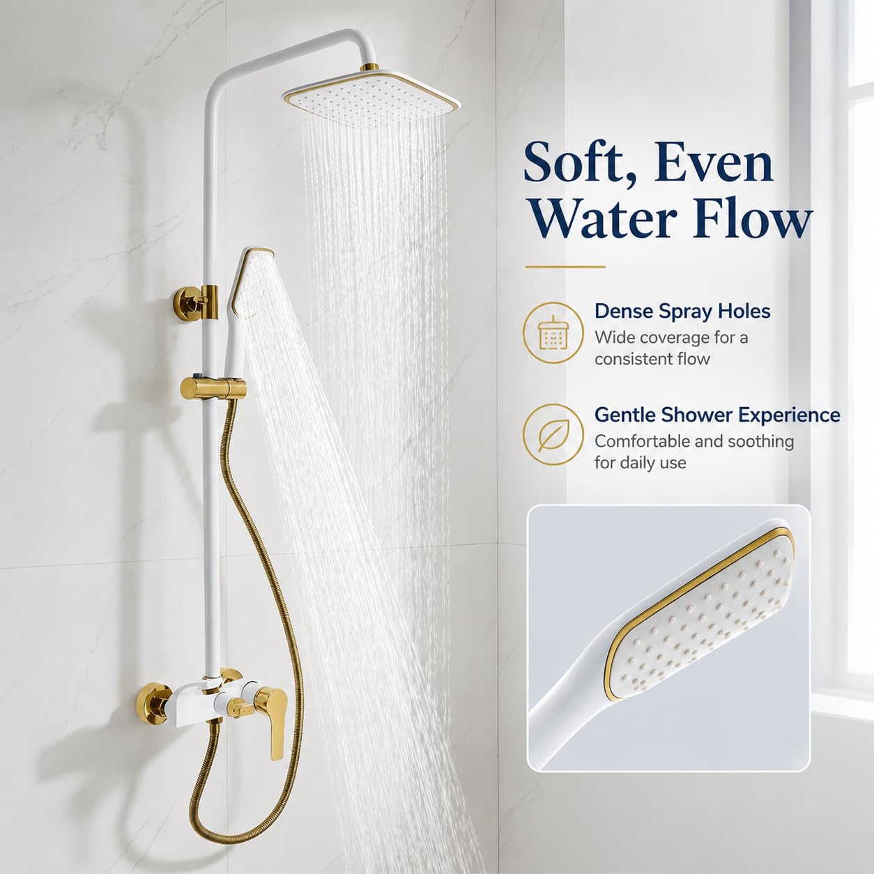 Duschset mit Handbrause, Höhenverstellbare Duschsäule 85-125cm, Duscharmatur mit 3 Auslässen und Thermostat, Wandmontage, Weiß,Gold